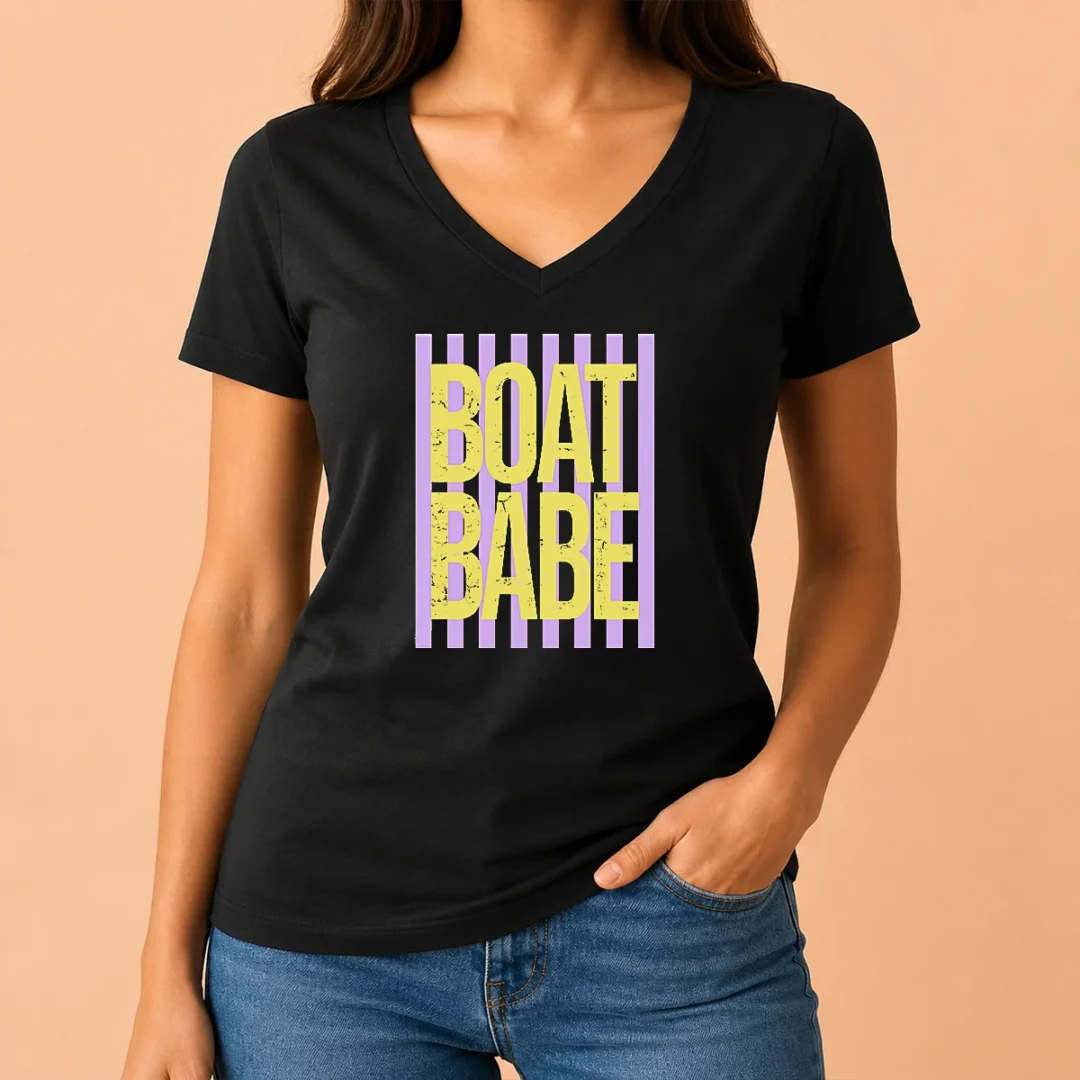 pretty-retro-stripes-sunshine-boat-babe-v-neck Pretty Retro Stripes Sunshine Boat Babe V Neck Shirt featuring colorful retro stripes on a comfortable V neck garment