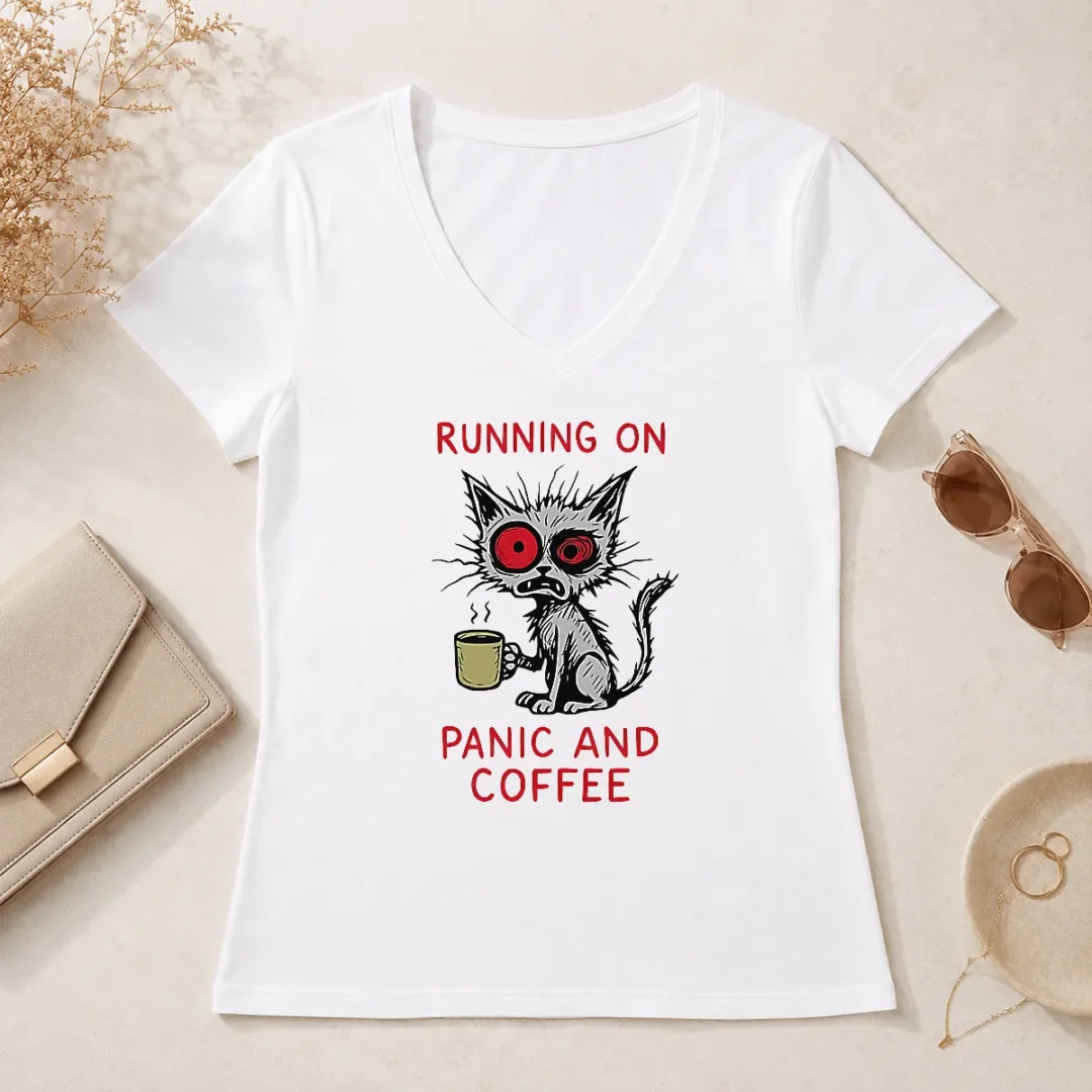 Pretty Running On Panic And Coffee Cat Caffeine V Neck Shirt Pretty Running On Panic And Coffee Cat Caffeine V-Neck Shirt