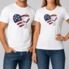 Pretty Snoopy And Woodstock American Flag Heart t shirt featuring a classic crew neck and short sleeves in a comfortable cotton blend