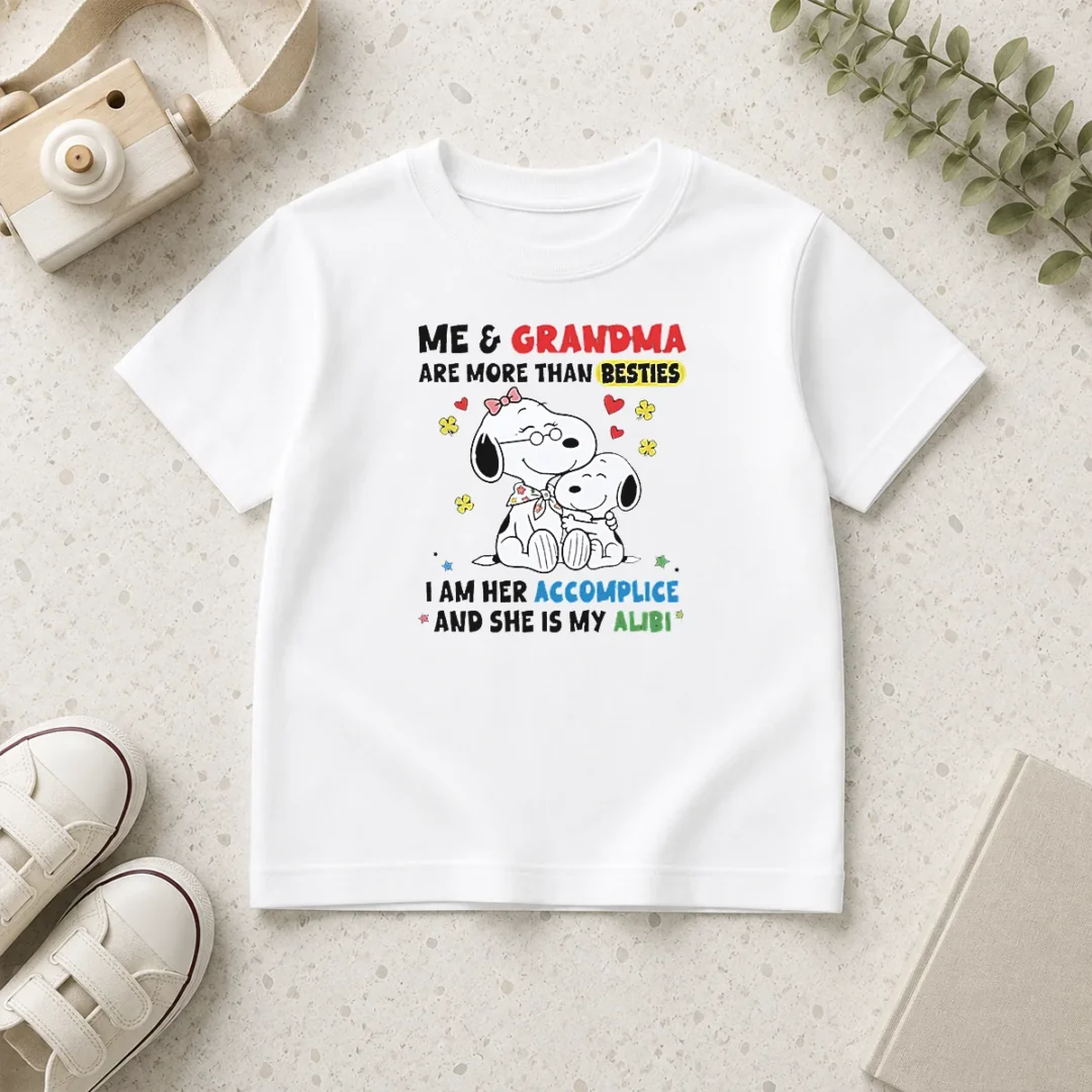 pretty-snoopy-grandma-me-and-are-more-than-besties-i-am-her-accomplice-she-is-my-alibi-kids-t-shirt Pretty Snoopy Grandma Me And Are More Than Besties I Am Her Accomplice She Is My Alibi kids t shirt in white, front view
