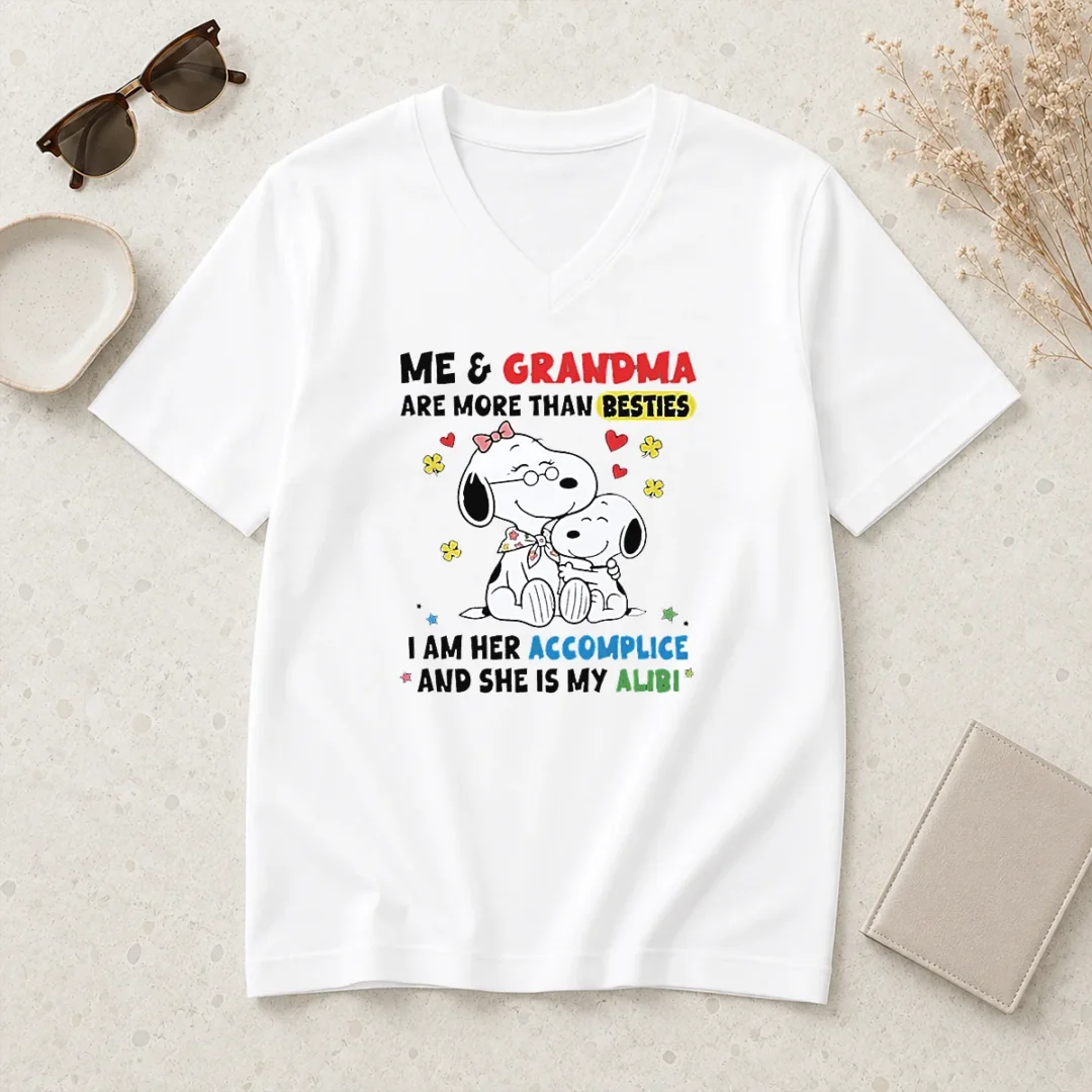pretty-snoopy-grandma-me-and-are-more-than-besties-i-am-her-accomplice-she-is-my-alibi-v-neck-shirt Pretty Snoopy Grandma Me And Are More Than Besties I Am Her Accomplice She Is My Alibi V Neck Shirt in soft fabric with a relaxed fit