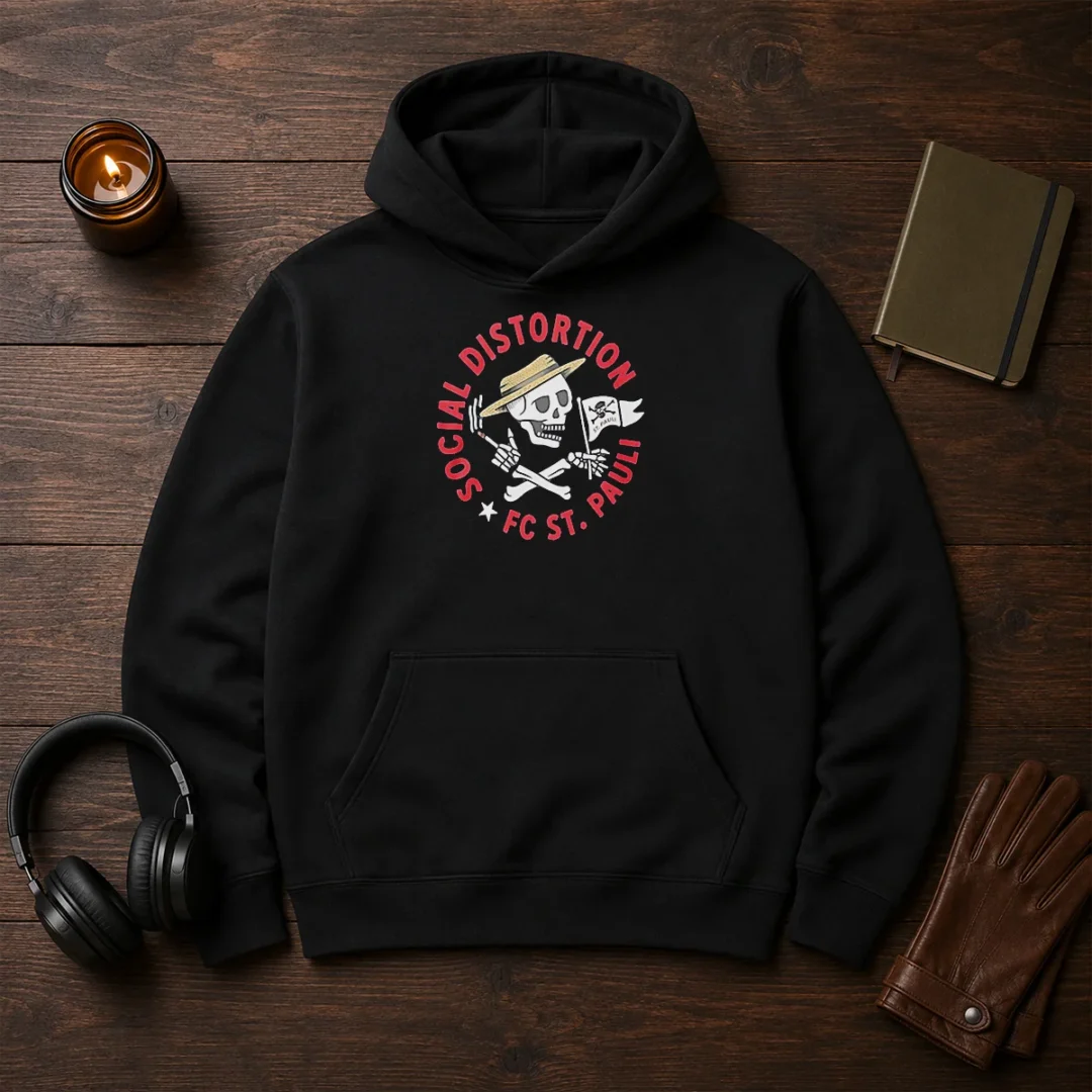 pretty-social-distortion-fc-st-pauli-skull-with-straw-hat-and-flag-hoodie Pretty Social Distortion FC St Pauli Skull With Straw Hat And Flag Hoodie in black, featuring a skull wearing a straw hat and flag design