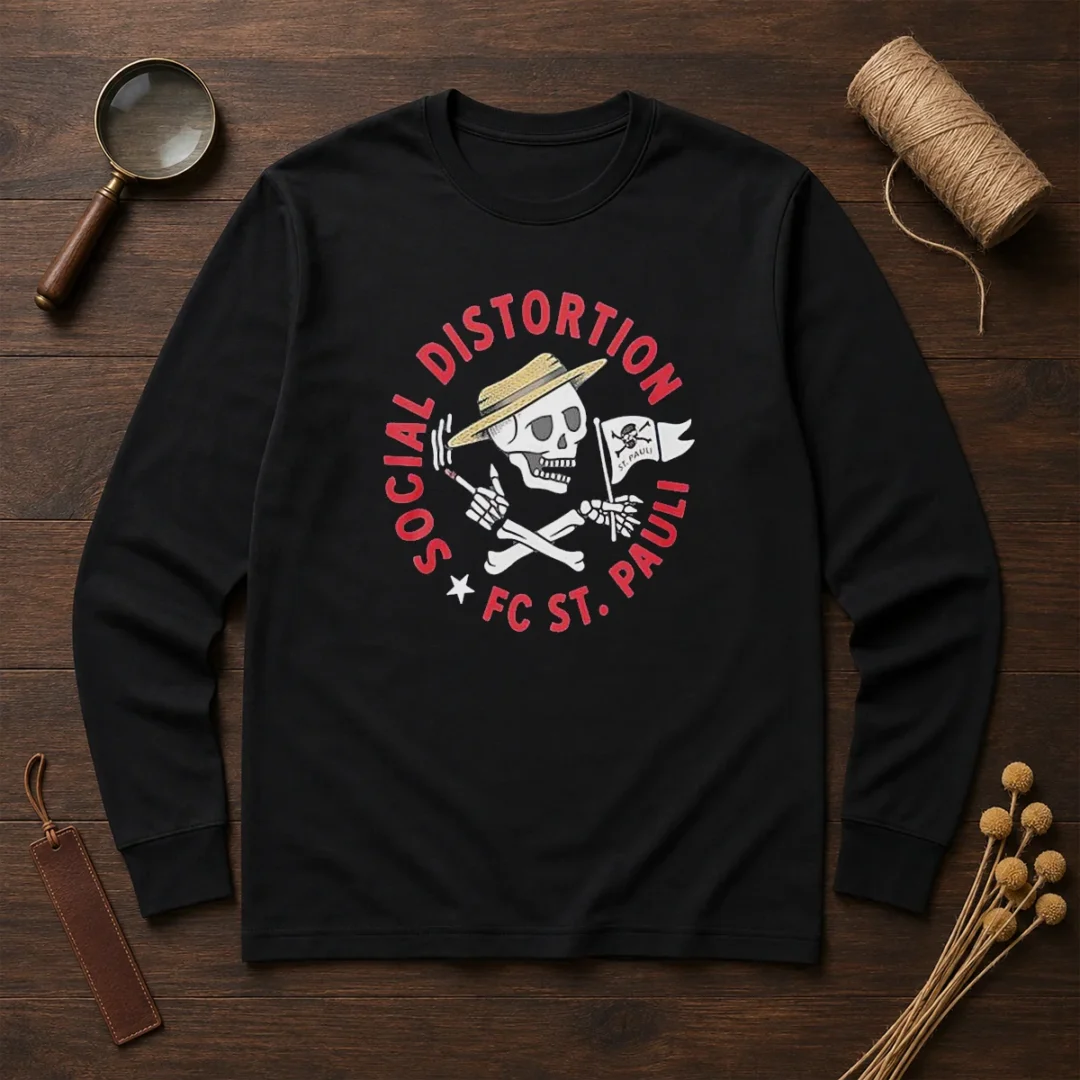 pretty-social-distortion-fc-st-pauli-skull-with-straw-hat-and-flag-long-sleeve Pretty Social Distortion FC St Pauli Skull With Straw Hat And Flag Long Sleeve Shirt featuring graphic skull and flag design