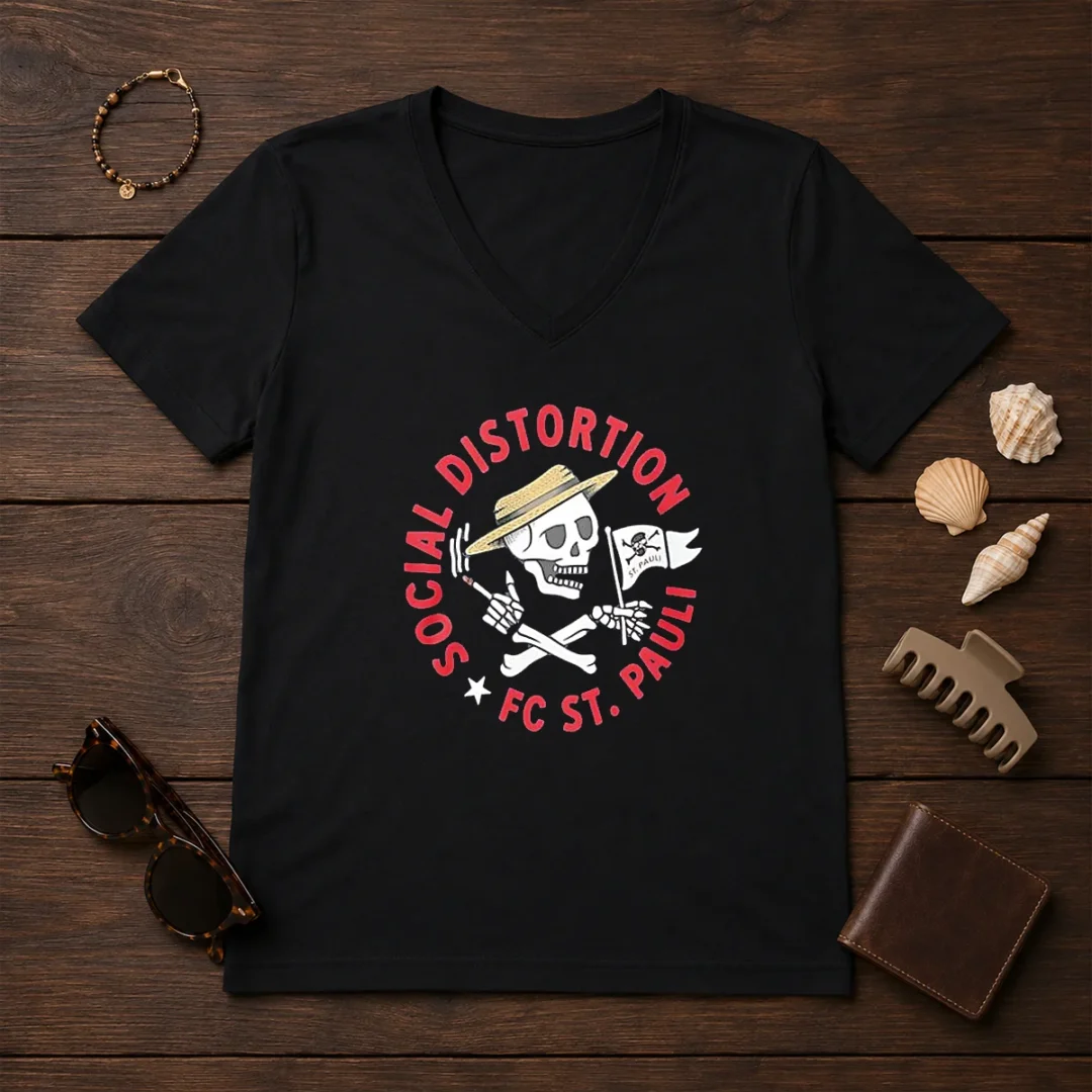 pretty-social-distortion-fc-st-pauli-skull-with-straw-hat-and-flag-v-neck Pretty Social Distortion FC St Pauli Skull With Straw Hat And Flag V Neck Shirt featuring bold skull graphic on a comfortable v neck tee