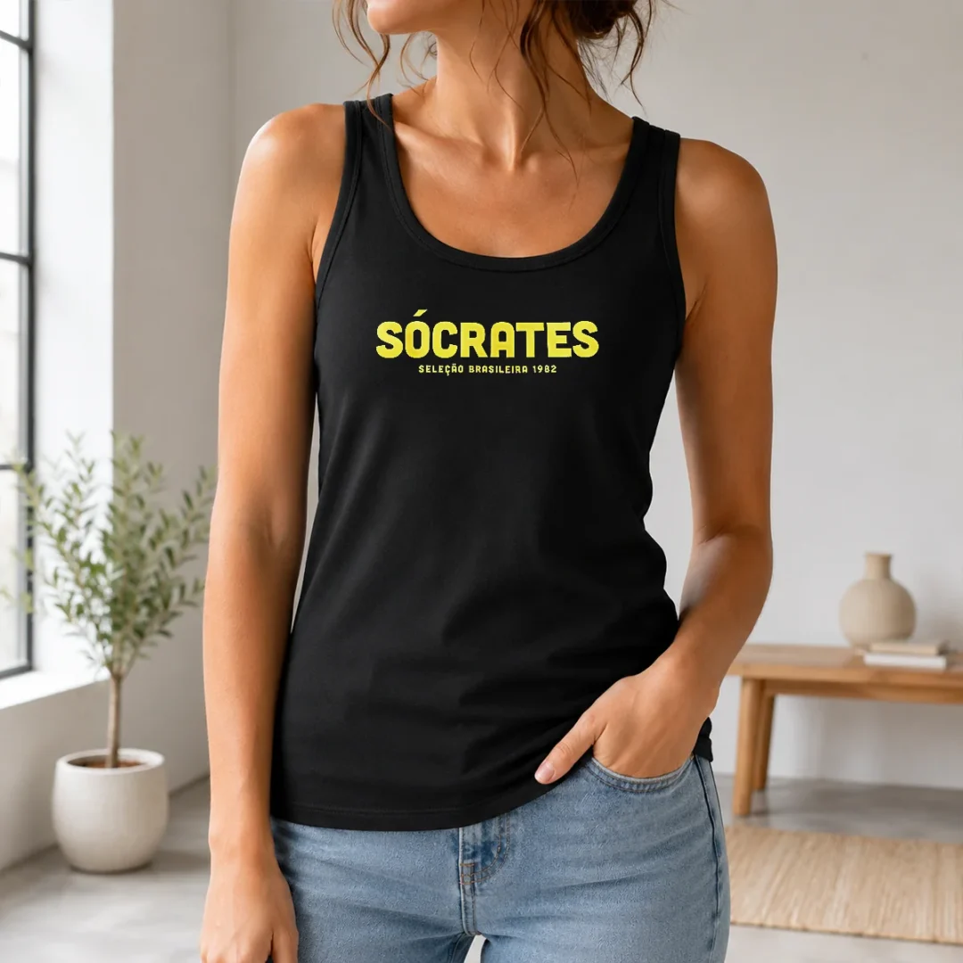 Pretty Socrates Brasil 1982 Tank Top Pretty Socrates Brasil 1982 Tank Top featuring vibrant Brazil 1982 inspired graphic on sleeveless cotton garment