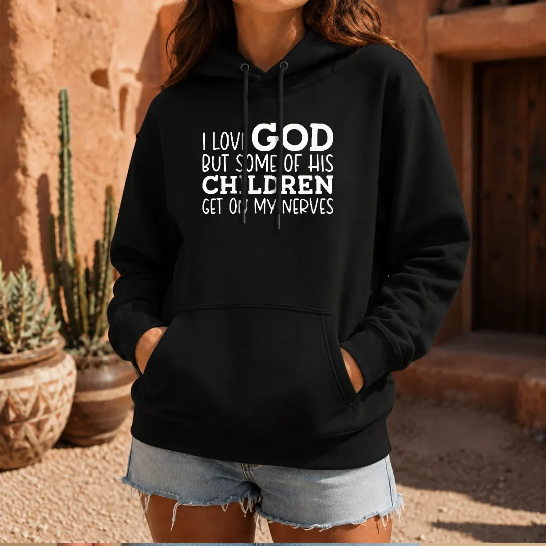 pretty-some-of-god-s-children-hoodie Pretty Some Of God'S Children Hoodie in black with front graphic print and adjustable drawstring hood