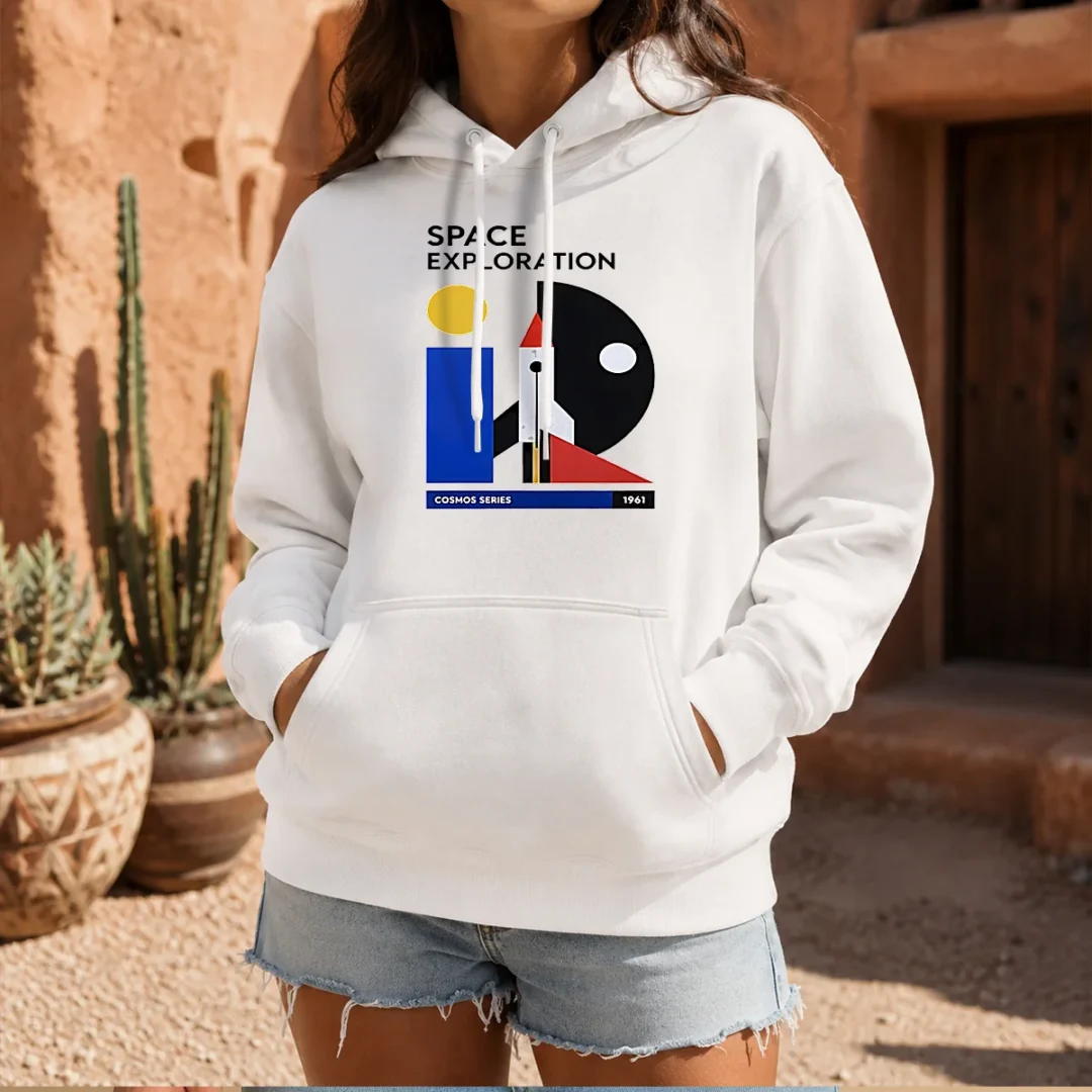pretty-space-exploration-cosmos-series-1961-retro-poster-hoodie Pretty Space Exploration Cosmos Series 1961 Retro Poster Hoodie in black with front graphic print, cozy pullover style