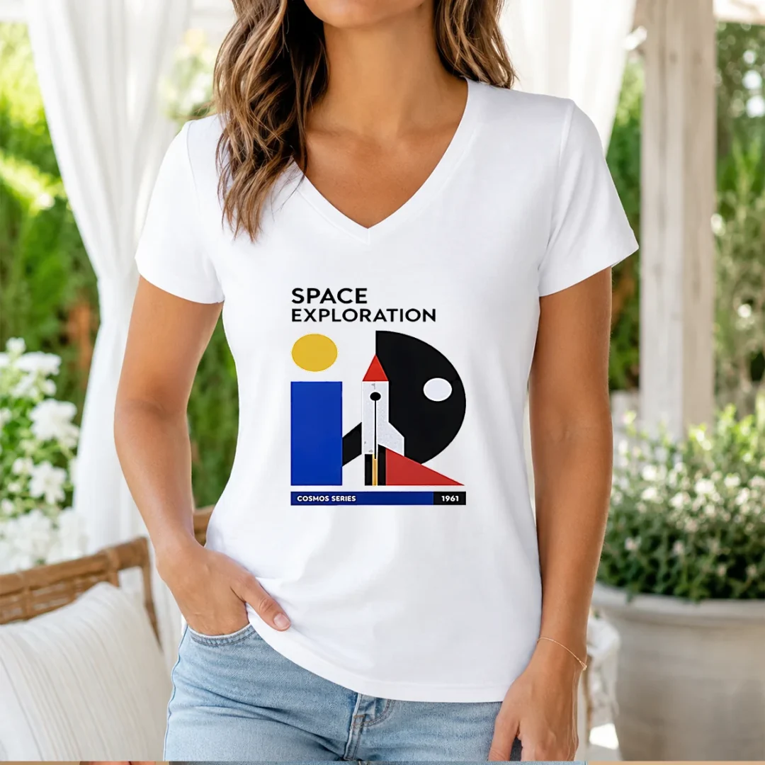 pretty-space-exploration-cosmos-series-1961-retro-poster-v-neck-shirt Pretty Space Exploration Cosmos Series 1961 Retro Poster V Neck Shirt displaying vintage space exploration graphic on a soft cotton fabric