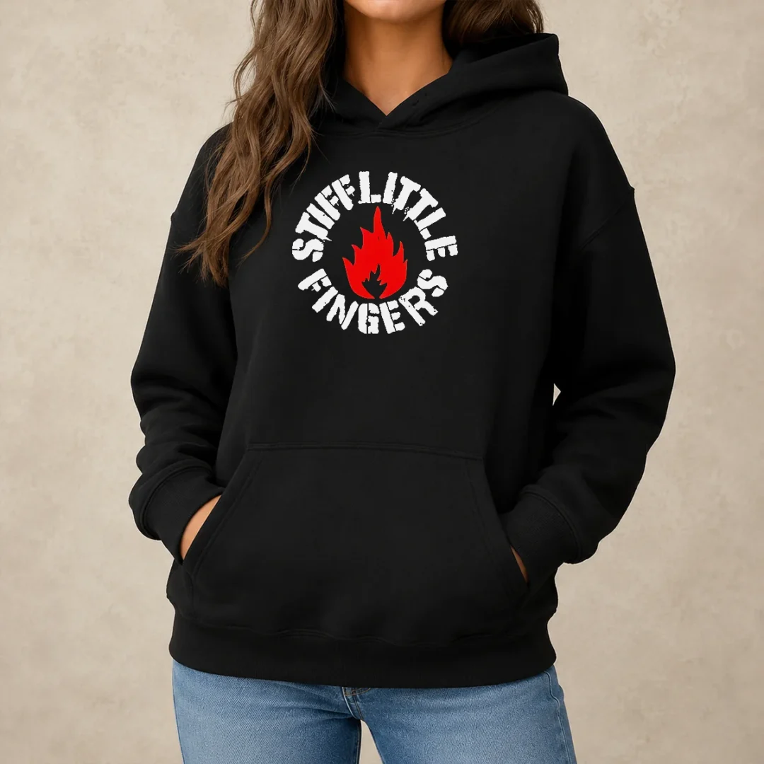 pretty-stiff-little-fingers-circular-badge-logo-with-flame-emblem-centered-inside-hoodie Pretty Stiff Little Fingers Circular Badge Logo With Flame Emblem Centered Inside hoodie front view in black color
