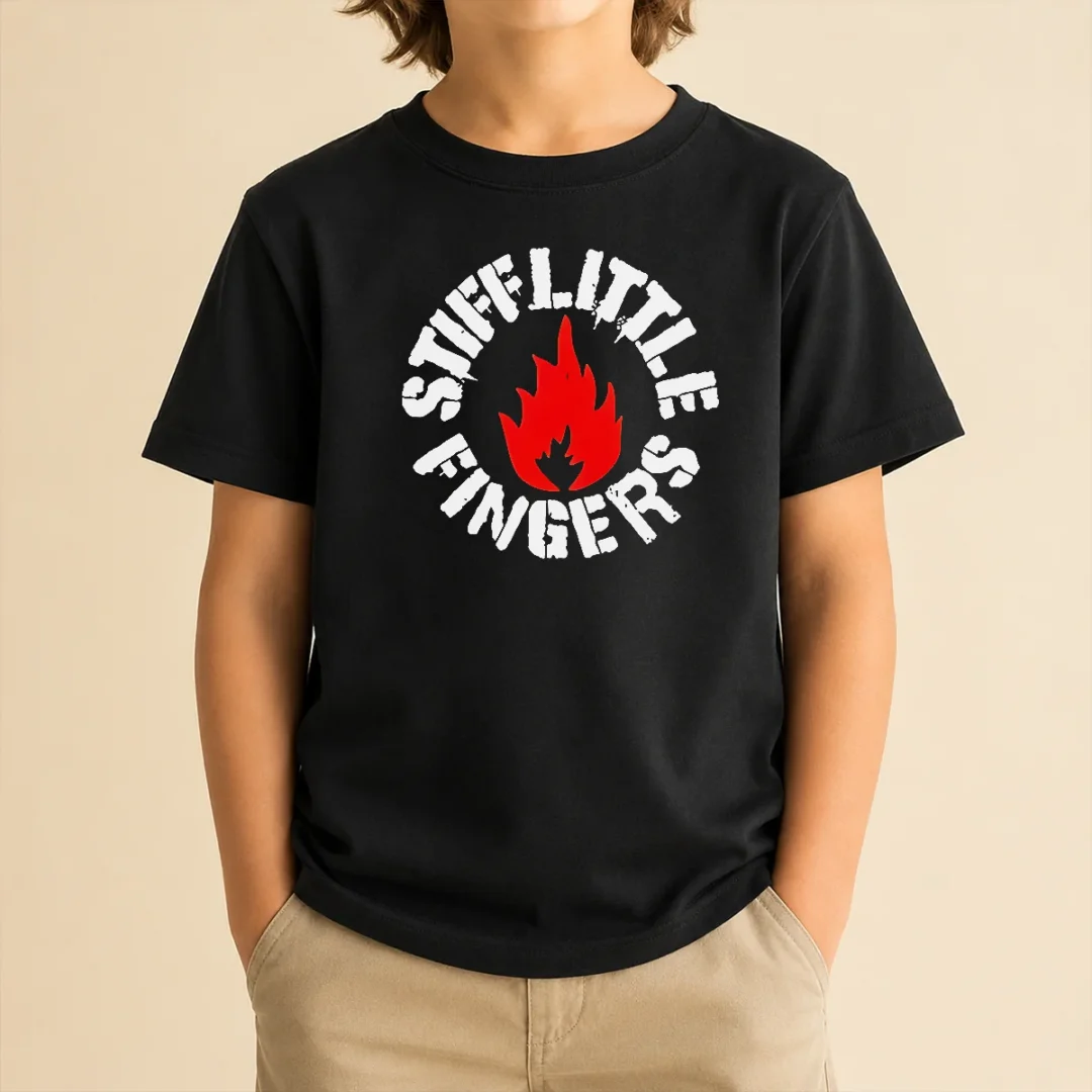 pretty-stiff-little-fingers-circular-badge-logo-with-flame-emblem-centered-inside-kids-t-shirt Pretty Stiff Little Fingers Circular Badge Logo With Flame Emblem Centered Inside Kids T-Shirt