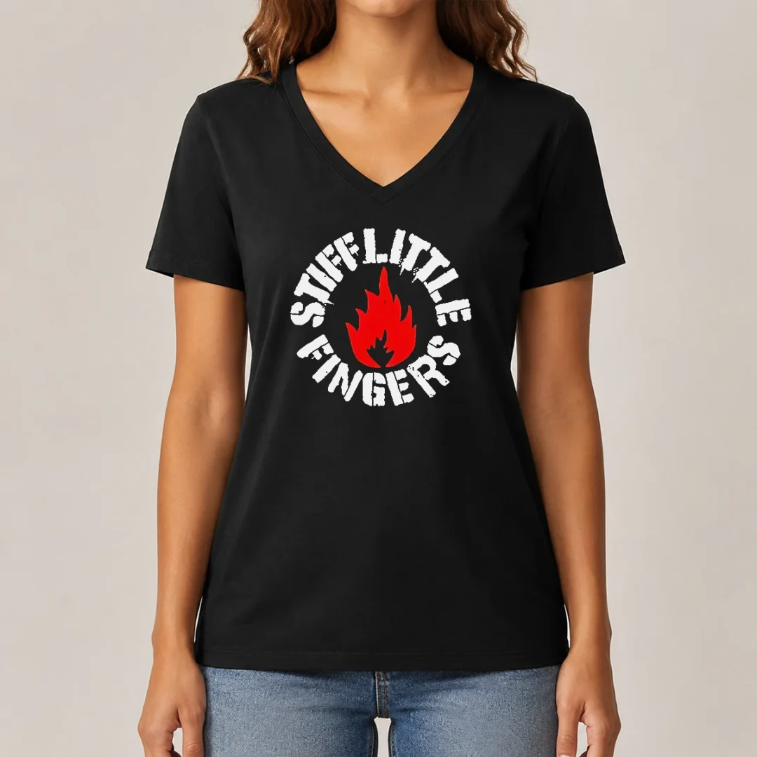 pretty-stiff-little-fingers-circular-badge-logo-with-flame-emblem-centered-inside-v-neck Pretty Stiff Little Fingers Circular Badge Logo With Flame Emblem Centered Inside V Neck Shirt showing detailed logo on soft fabric