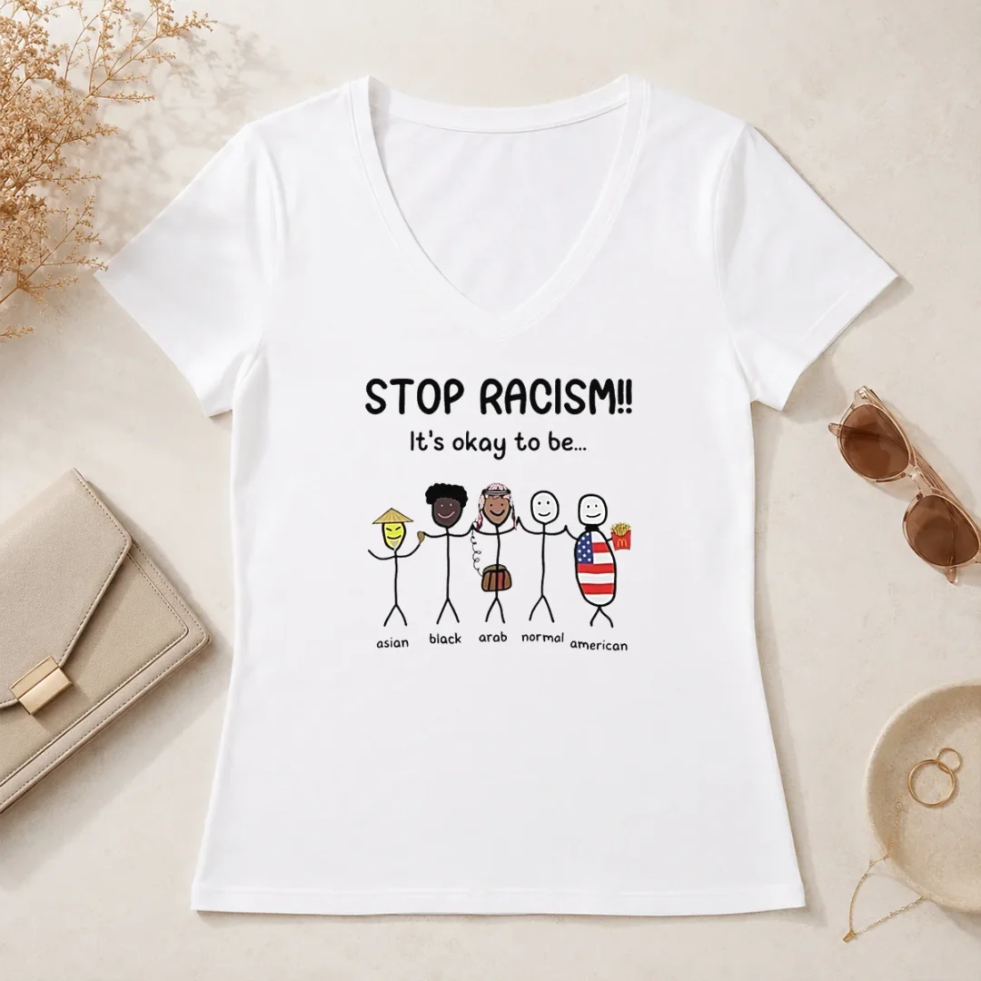 Pretty Stop Racism It'S Okay To Be Asian Black Arab Normal American V Neck Shirt Pretty Stop Racism It'S Okay To Be Asian Black Arab Normal American V Neck Shirt in charcoal gray with bold white text