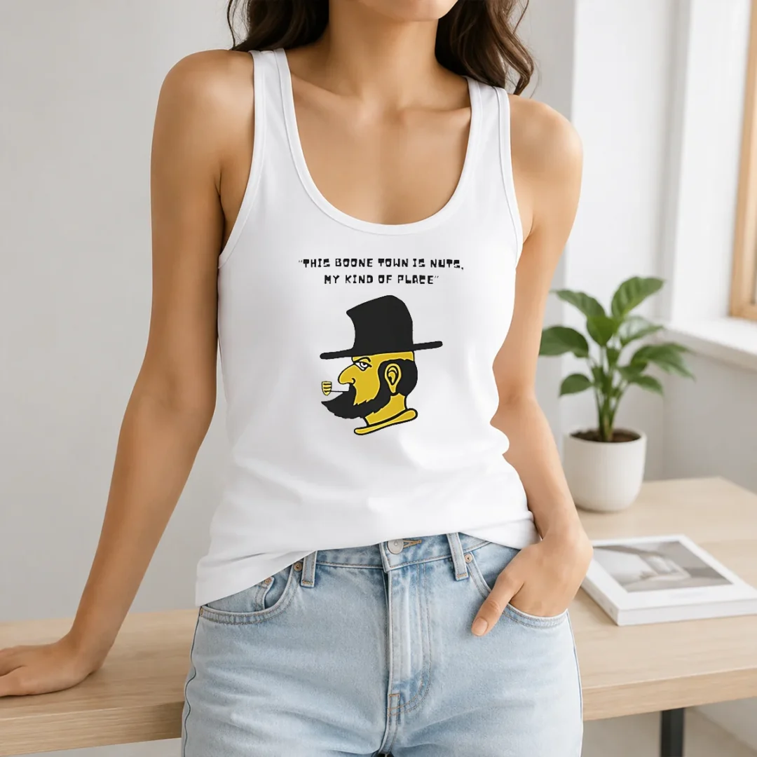 Pretty This Boone Town Is Nuts My Kind Of Place Tank Top Pretty This Boone Town Is Nuts My Kind Of Place Tank Top in white, sleeveless casual wear with bold text design