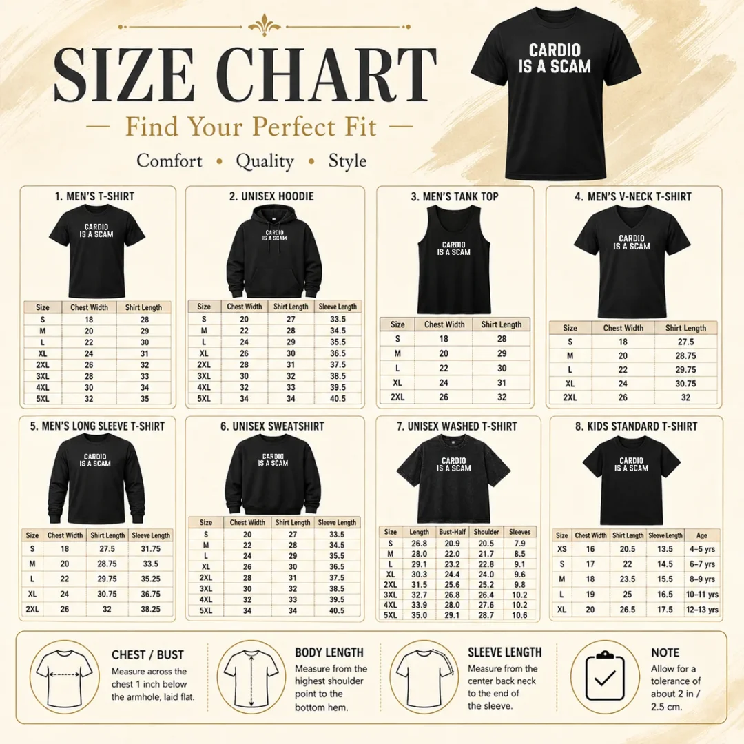Pretty Top Cardio Is A Scam Size Chart Size chart for Pretty Top Cardio Is A Scam showing measurements in inches and centimeters