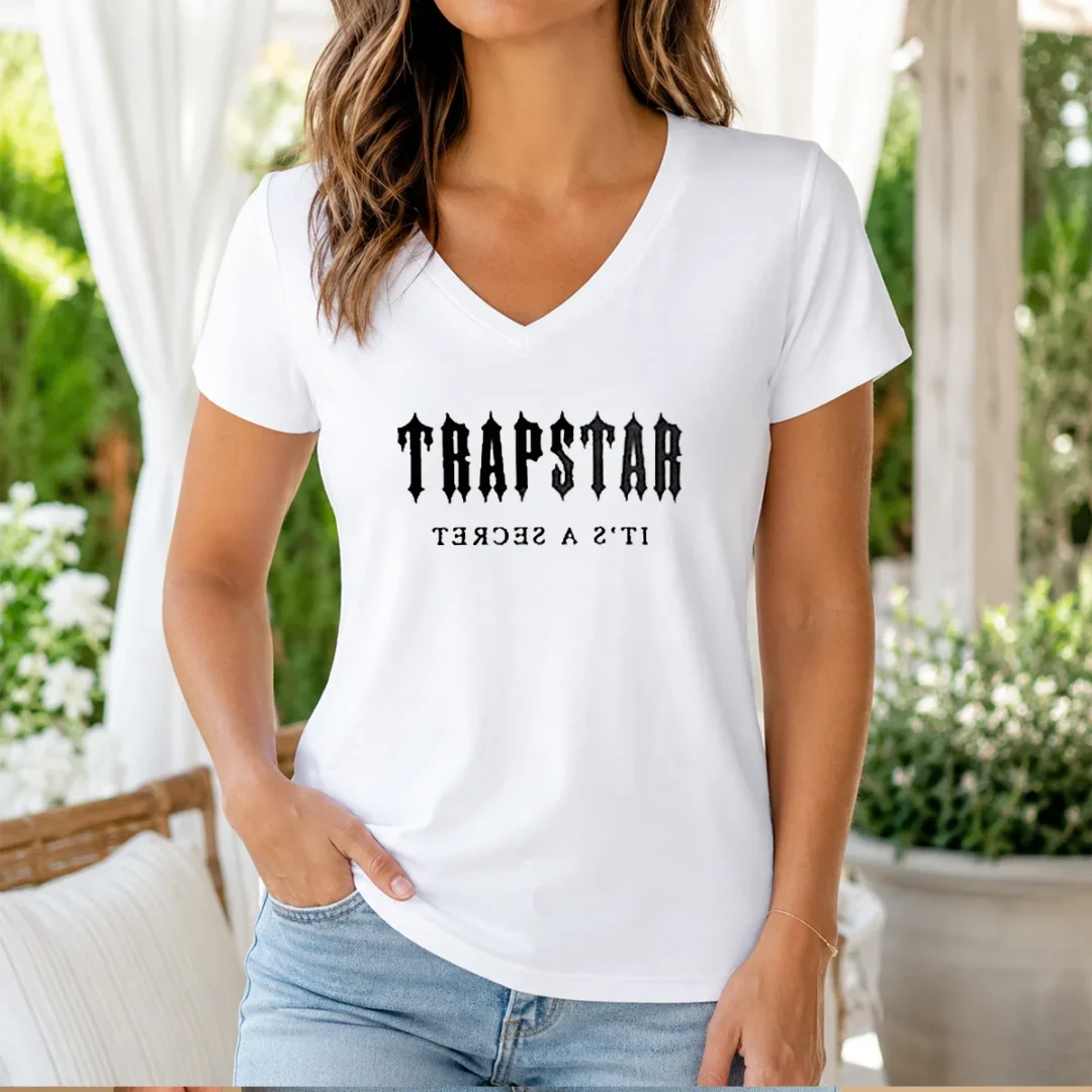 pretty-trapstar-chenille-decoded-v-neck Pretty Trapstar Chenille Decoded V Neck Shirt in soft fabric with embroidered chenille logo