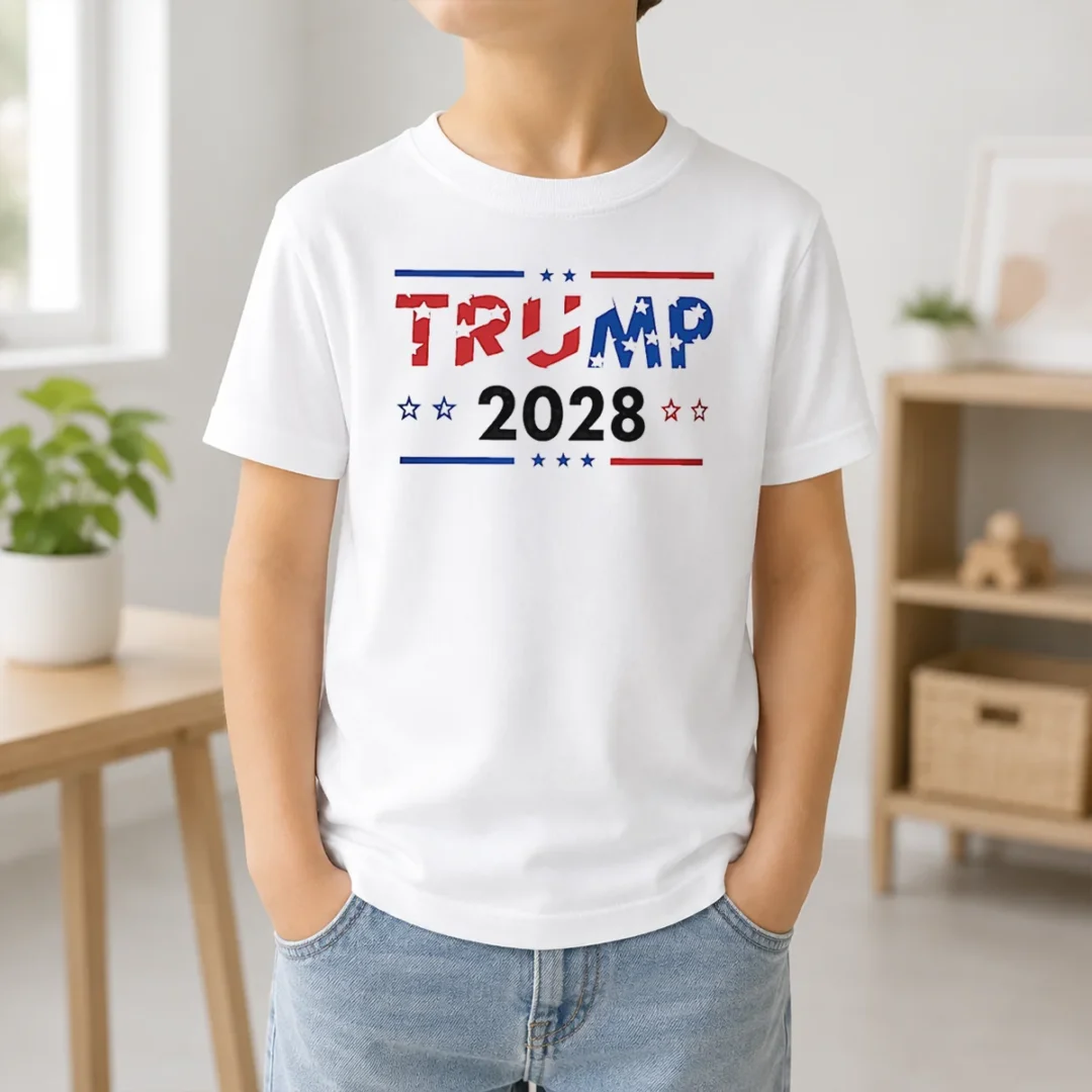 Pretty Trump 2028 Patriotic Stars And Stripes Kids T Shirt Pretty Trump 2028 Patriotic Stars And Stripes Kids T Shirt featuring bold red, white, and blue stars and stripes design
