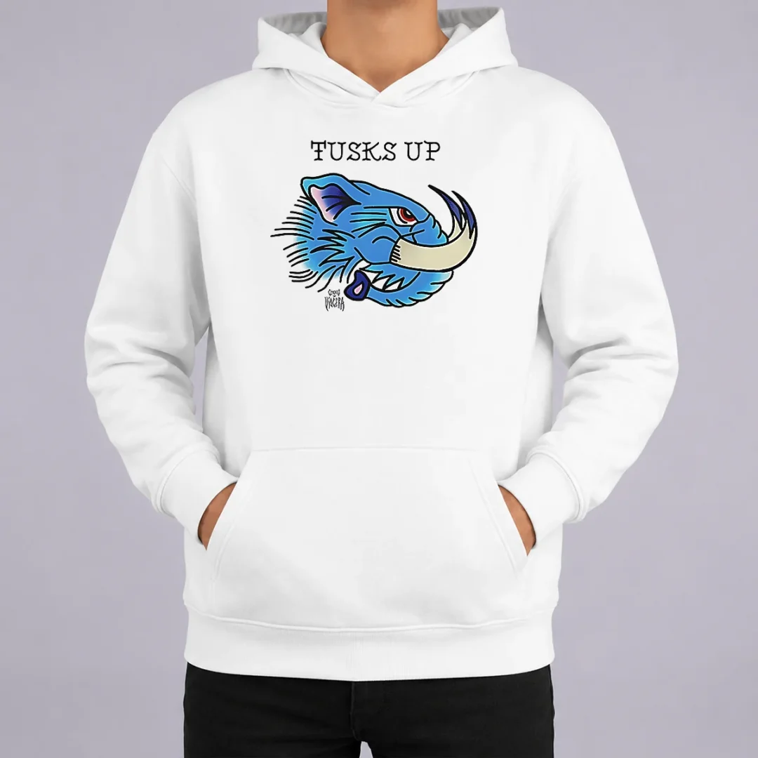Pretty Tusks Up Blue Boar Head By Ghou Viscera Hoodie Pretty Tusks Up Blue Boar Head By Ghou Viscera hoodie in navy blue with bold graphic print on front