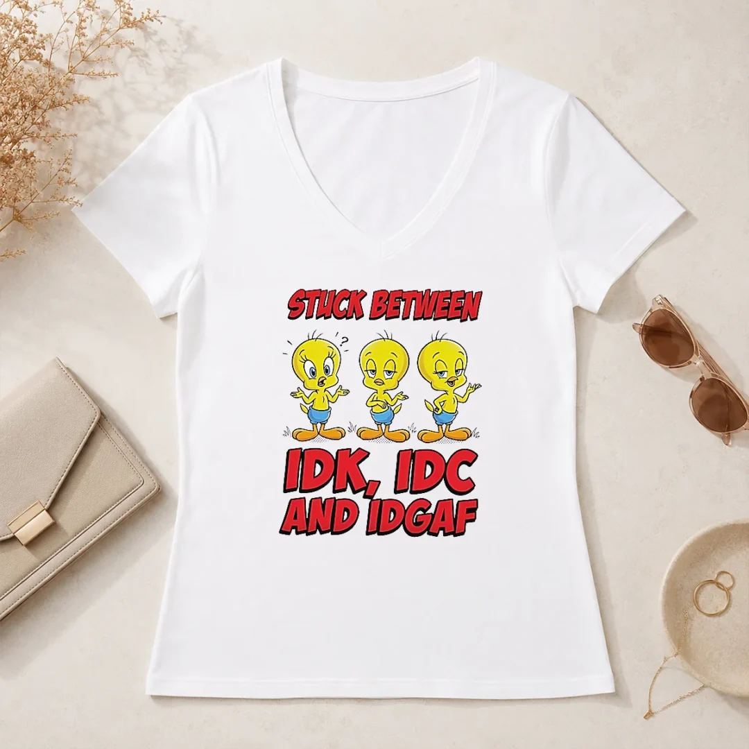 Pretty Tweety Stuck Between IDK IDC And IDGAF V Neck Shirt Pretty Tweety Stuck Between IDK IDC And IDGAF V-Neck Shirt