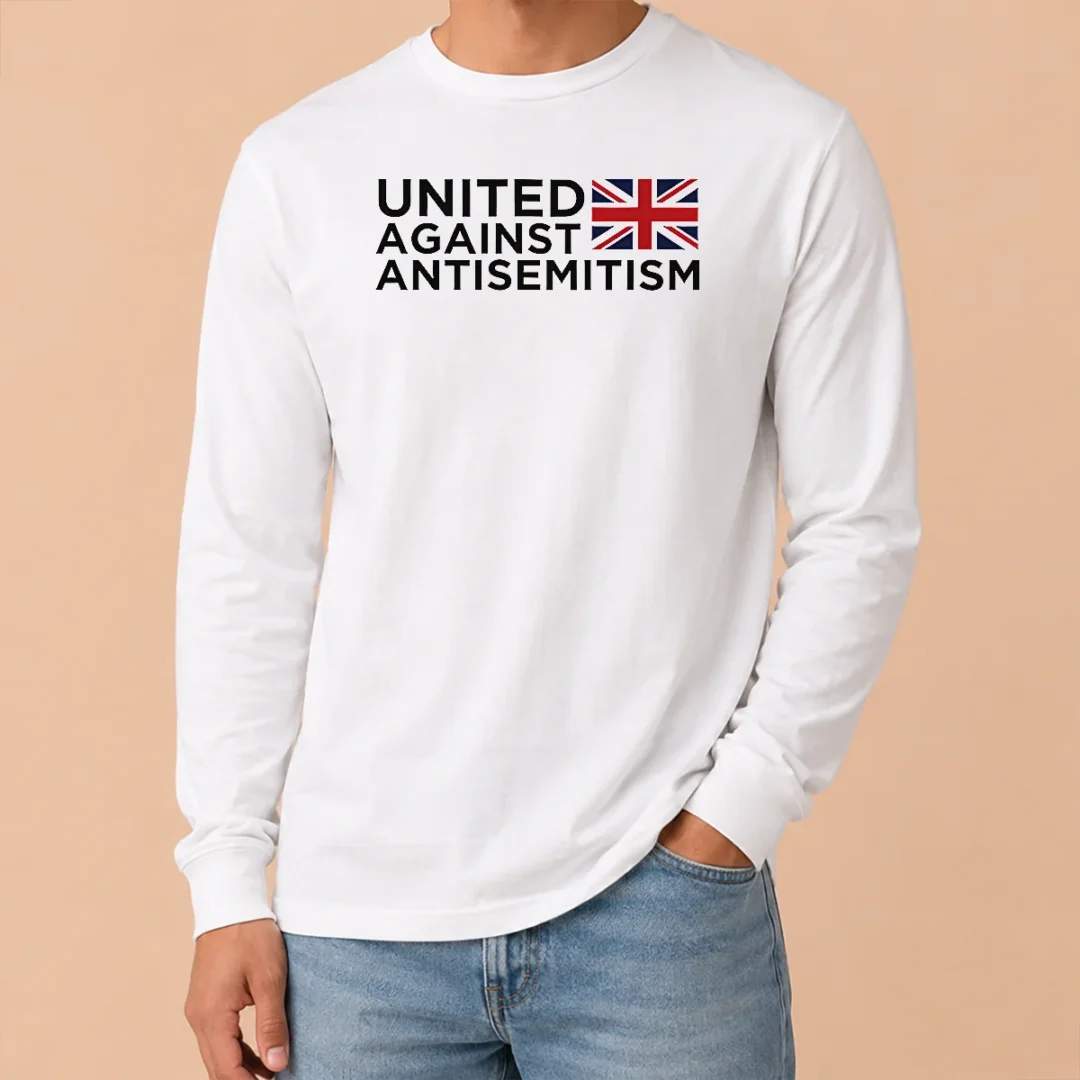 Pretty United Against Antisemitism UK Flag Anti Hate Long Sleeve Shirt Pretty United Against Antisemitism UK Flag Anti Hate Long Sleeve Shirt in white with bold graphic print
