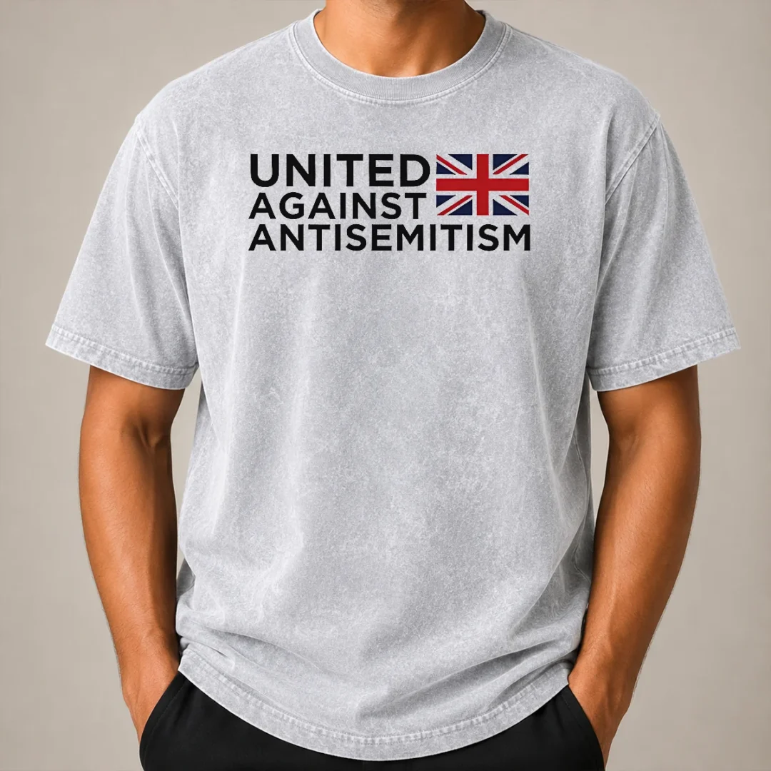 Pretty United Against Antisemitism UK Flag Anti Hate Washed T Shirt Pretty United Against Antisemitism UK Flag Anti Hate Washed T Shirt front view with bold UK flag design