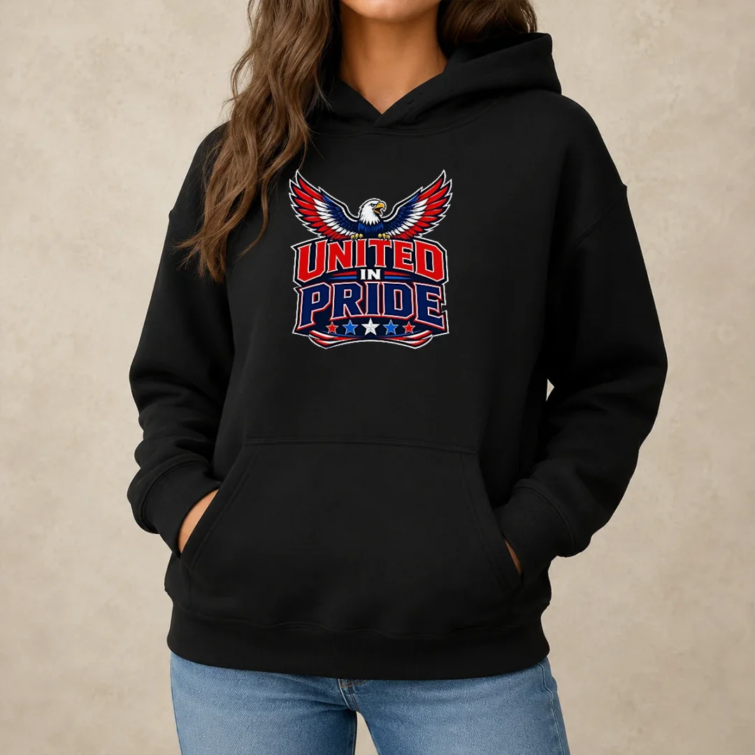 pretty-united-in-pride-eagle-typography-hoodie-1 Pretty United In Pride Eagle Typography Hoodie in dark color with bold eagle graphic and vibrant pride colors