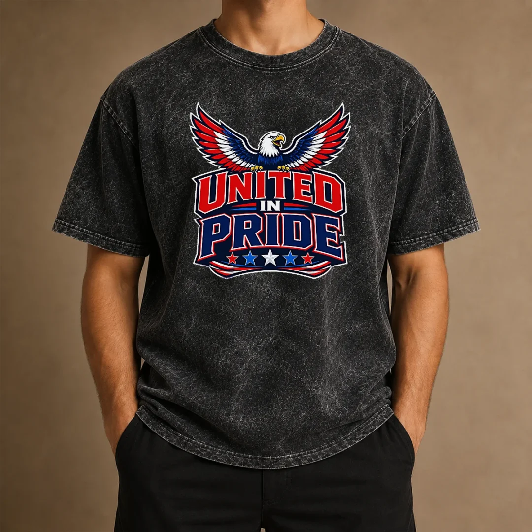 pretty-united-in-pride-eagle-typography-washed-t-shirt-1 Pretty United In Pride Eagle Typography printed on a soft washed t shirt in a relaxed fit