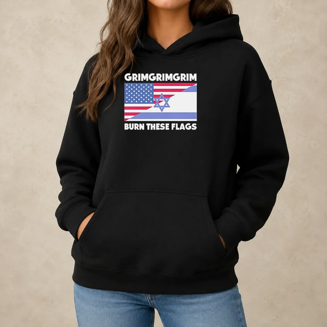 pretty-united-states-israel-flag-grimgrimgrim-burn-these-flags-hoodie Pretty United States Israel Flag Grimgrimgrim Burn These Flags Hoodie in black, front view with drawstring hood and kangaroo pocket
