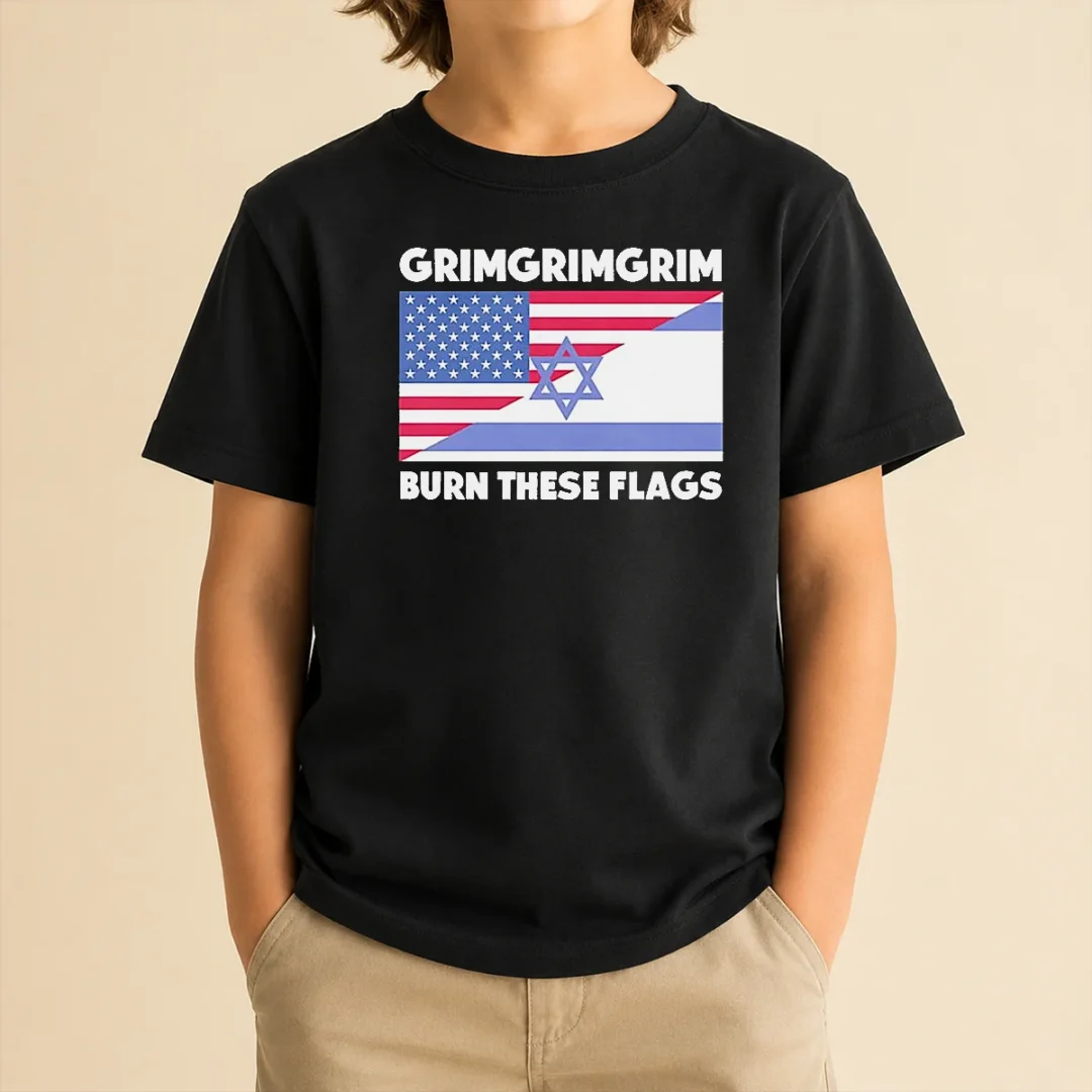 pretty-united-states-israel-flag-grimgrimgrim-burn-these-flags-kids-t-shirt Pretty United States Israel Flag Grimgrimgrim Burn These Flags Kids T Shirt showing front print on a comfortable cotton fabric