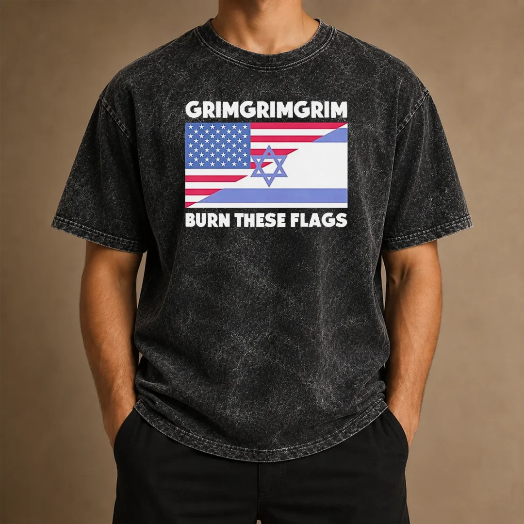 pretty-united-states-israel-flag-grimgrimgrim-burn-these-flags-washed-t-shirt Pretty United States Israel Flag Grimgrimgrim Burn These Flags Washed T Shirt front view on a white background