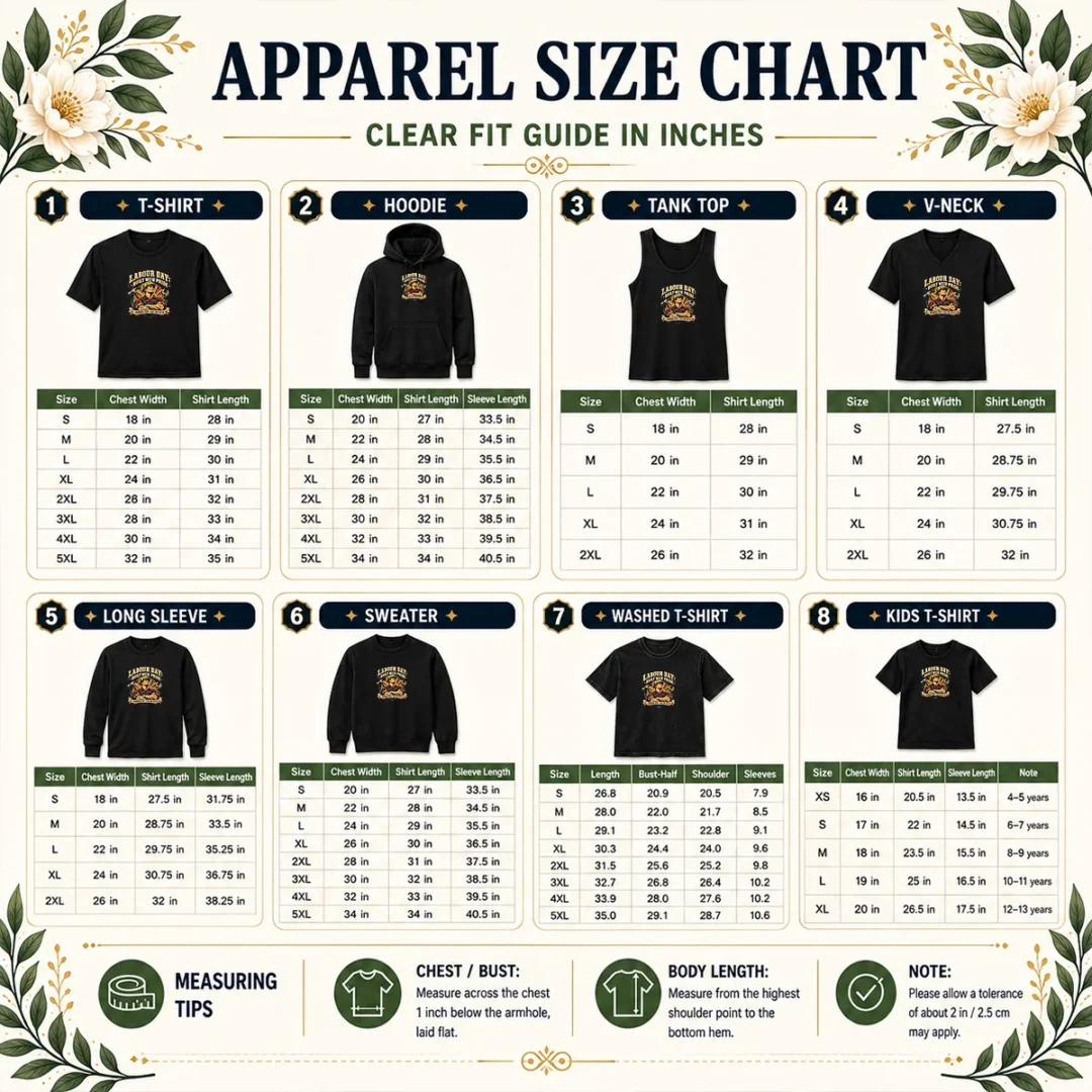 pretty-vintage-style-labour-day-holiday-size-chart Size chart for Pretty Vintage Style Labour Day Holiday with measurements in inches and centimeters