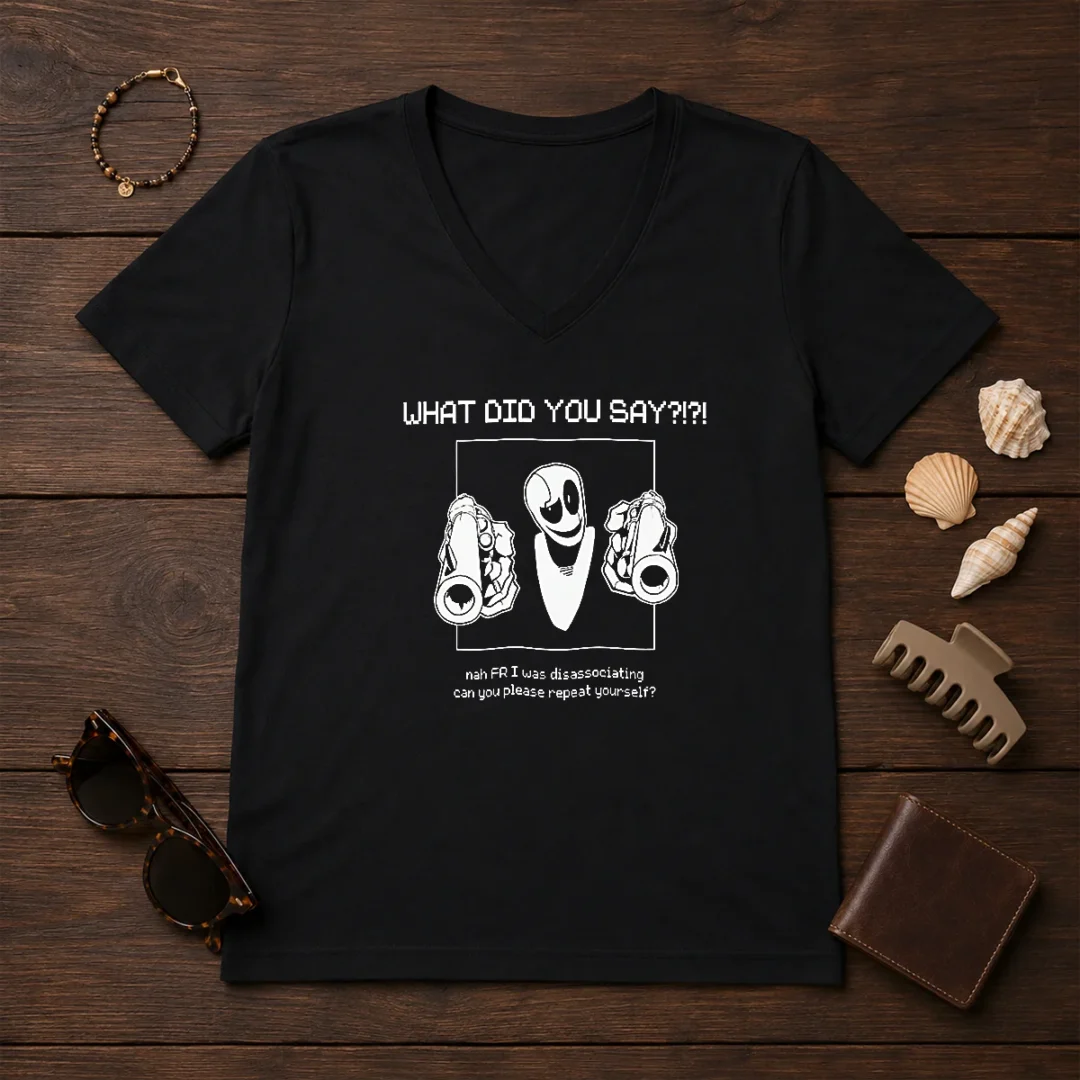 pretty-wd-gaster-what-did-you-say-disassociating-meme-v-neck-shirt-2-1 Pretty WD Gaster What Did You Say Disassociating Meme V Neck Shirt on a white background showing short sleeves and soft fabric