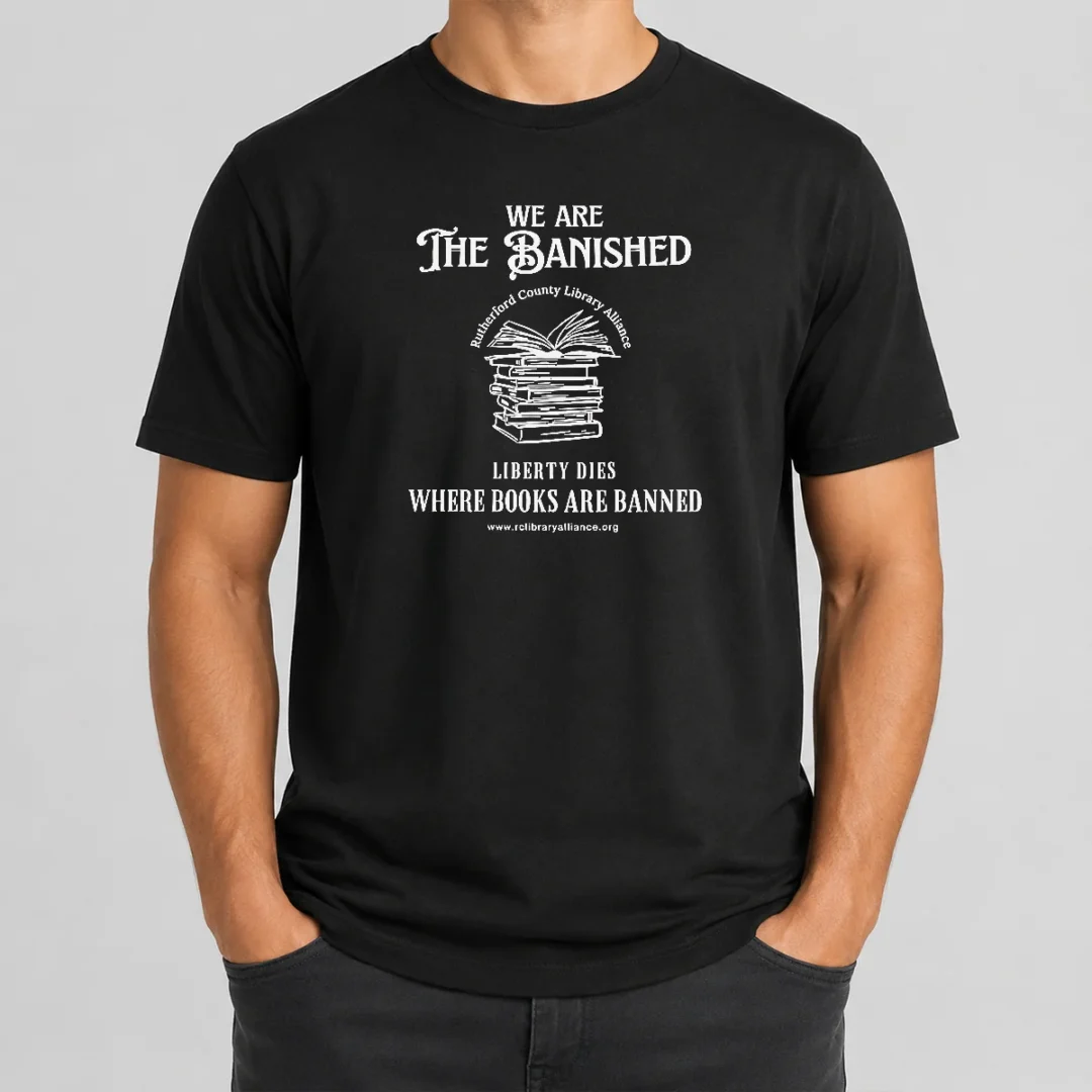 Pretty We Are The Banished Rutherford County Library Alliance Stack Of Books T Shirt Pretty We Are The Banished Rutherford County Library Alliance Stack Of Books t shirt in black, front view