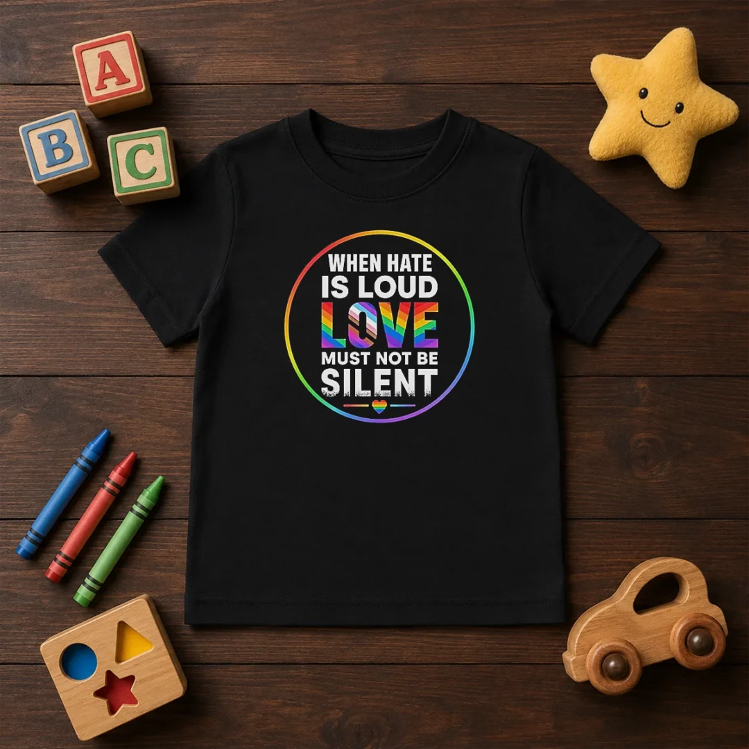 pretty-when-hate-is-loud-love-must-not-be-silent-pride-month-kids-t-shirt Pretty When Hate Is Loud Love Must Not Be Silent Pride Month Kids T-Shirt