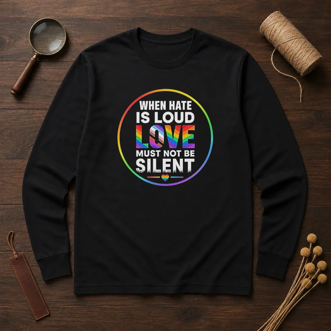 pretty-when-hate-is-loud-love-must-not-be-silent-pride-month-long-sleeve-shirt Pretty When Hate Is Loud Love Must Not Be Silent Pride Month long sleeve shirt in white, featuring bold rainbow text design