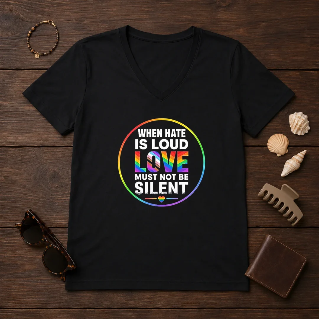 pretty-when-hate-is-loud-love-must-not-be-silent-pride-month-v-neck-shirt Pretty When Hate Is Loud Love Must Not Be Silent Pride Month V-Neck Shirt