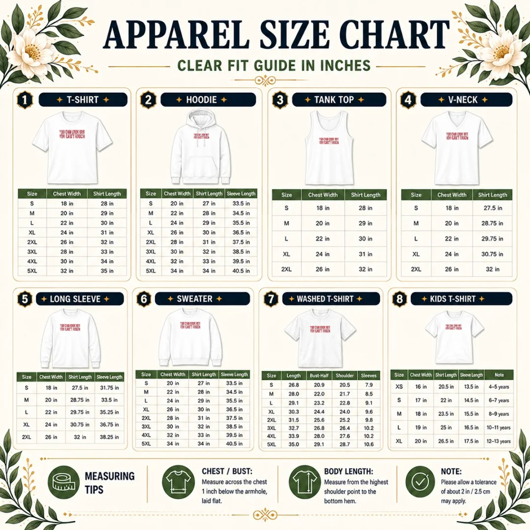 pretty-you-can-look-but-you-can-t-touch-distressed-size-chart Size chart for Pretty You Can Look But You Can't Touch Distressed with measurements in inches and cm