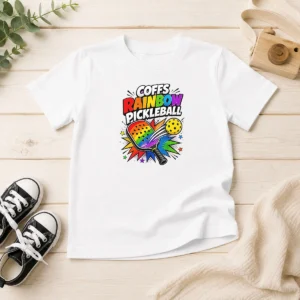 Good Coffs Rainbow Pickleball Comic For Active Athletes Kids T-Shirt