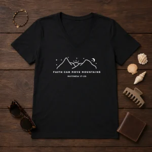 Pretty Faith Can Move Mountains Matthew 17 20 Mountain V Neck Shirt in soft fabric with comfortable fit