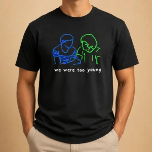 Original We Were Too Young Line Art Couple t shirt in white, featuring minimalist line art of a couple