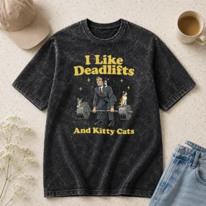 Good Deadlifts And Kitties Businessman Washed T-Shirt