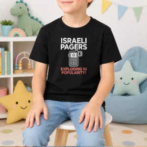 Official Israeli Pagers Exploding In Popularity Star Of David Pager Gag Joke Kids T Shirt in blue, front view