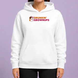Premium Funny Drunkin Grownups DG Mug Logo Parody Hoodie in charcoal gray, unisex pullover with front pocket and drawstring hood