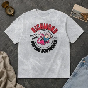 Good Richmond Flying Squirrels Hot Dog Flamingo washed t shirt in soft cotton fabric, featuring vibrant graphic print