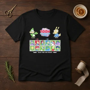 Size chart for Good Plucky Rocko Darkwing Duck Ren Stimpy Doug Tommy Pickles Pinky The Tick Bart Goku 90s Toon Throwdown with measurements in inches and cm