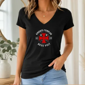Hot Knights Templar Est 1119 Deus Vult Crusader V Neck Shirt in black with bold medieval design