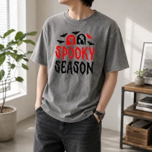 Hot Spooky Season Halloween Bats Witch Broom Zombie Washed T-Shirt