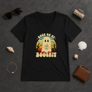 Funny Awesome Back On My Booshit Retro Ghost Drinking Boba Tea V Neck Shirt in white cotton fabric