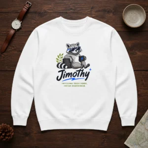 Original Jimothy The Trash Panda Funny Racoon Meme Sweater in dark gray, cozy knit pullover with front graphic print