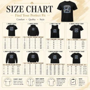 Size chart for Awesome Pretty OHCA National Specialty 2026 Hunting Dog Pride Retro with measurements in inches and cm