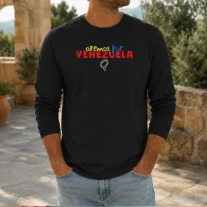 Pretty Oremos Por Venezuela Religious Rosary Long Sleeve Shirt in white with printed rosary design